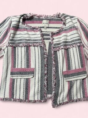 NIC+ZOE Pink, Black & White Striped Fringe Open Cardigan